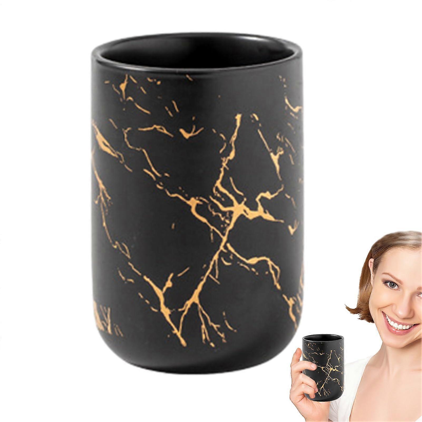 Black Ceramic Toothbrush Holder with Handle, Marble Design Bathroom Cup Organizer for Toothpaste