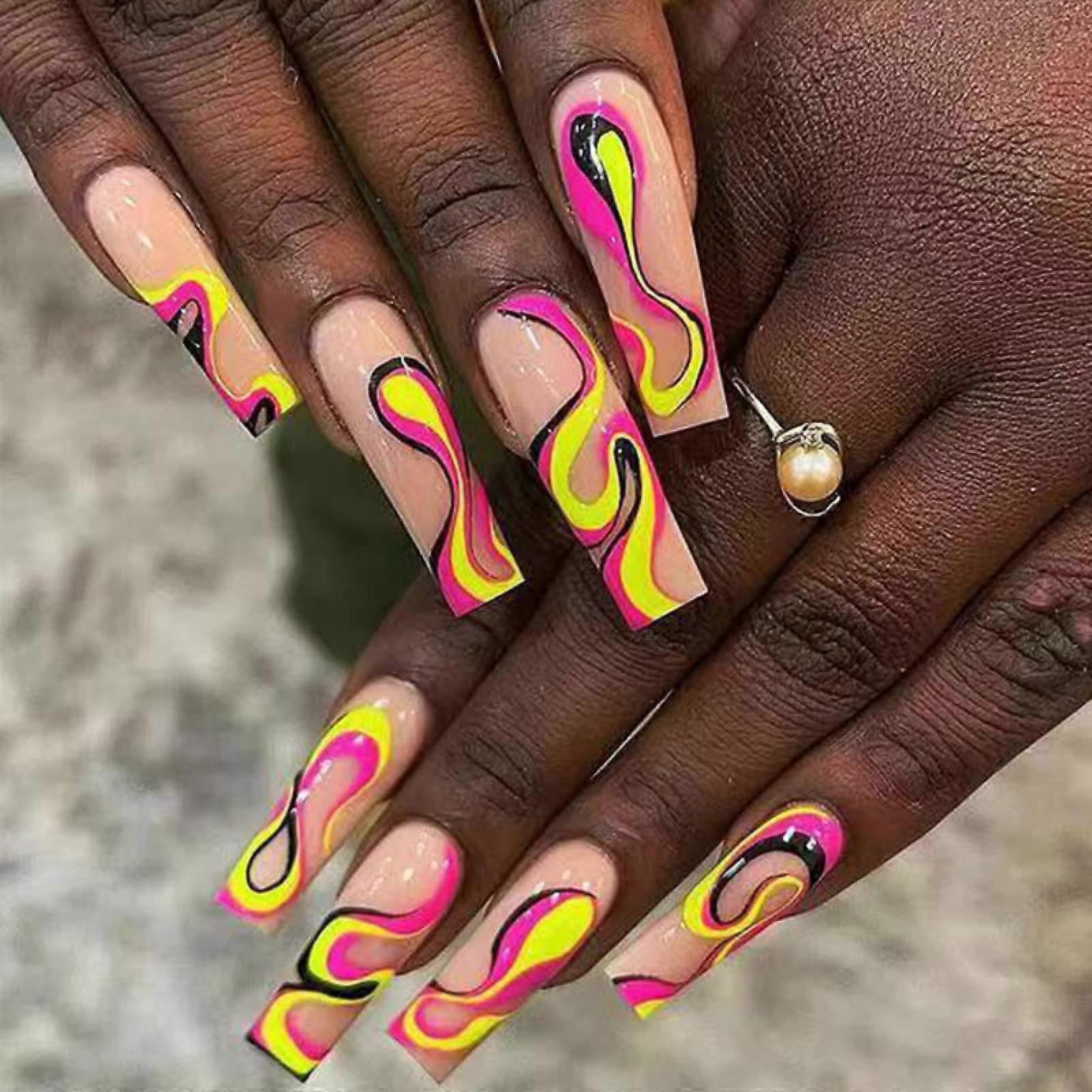 24Pcs Long Black Flame Press On Nails Set, Reusable Full Cover False Nails for Professionals