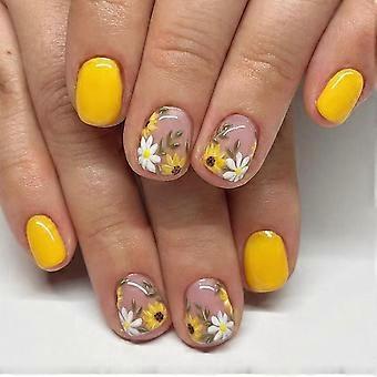 Square Yellow Press On Nails with Daisy Flowers, 24pcs Glossy False Nails for Women SalonStyle