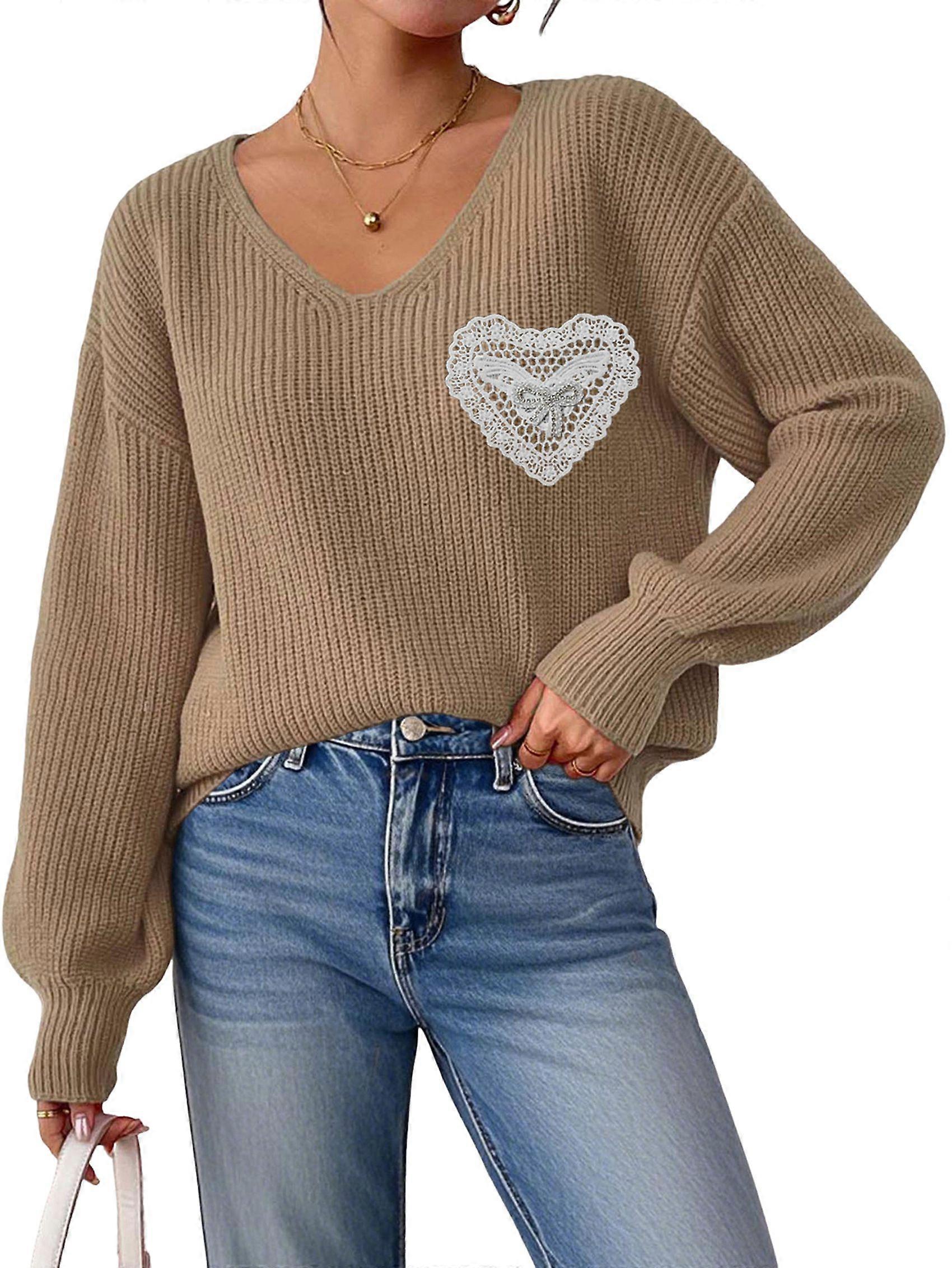 Sweaters for Female Lantern Sleeve Heart Print Pullover Embroidered Lace Patchwork Knit Pullover Camel S