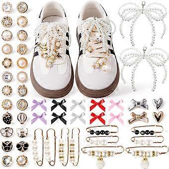 50/410 peças de enfeites para tênis e acessórios - Broches e alfinetes DIY com pérolas e strass para cadarços de sapatos femininos, kit de enfeites para meias e sapatos fofos de cetim
