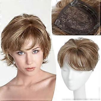 Aplique de cabelo curto para mulheres com cabelos ralos, cobertura total e grande, com 3 presilhas. Franja desfiada (mechas castanhas com reflexos loiros) e mechas castanhas escuras com reflexos.