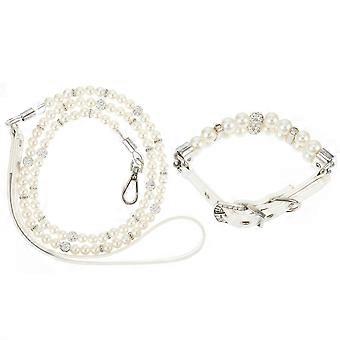Pet Dog Collar Adjustable Collar and Leash Set 2Pcs White PU