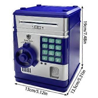 Elektronische spaarpot met vingerafdruk- en wachtwoordfunctie, spraak- en muziekfunctie, verkrijgbaar in goud, zilver, blauw en roze.