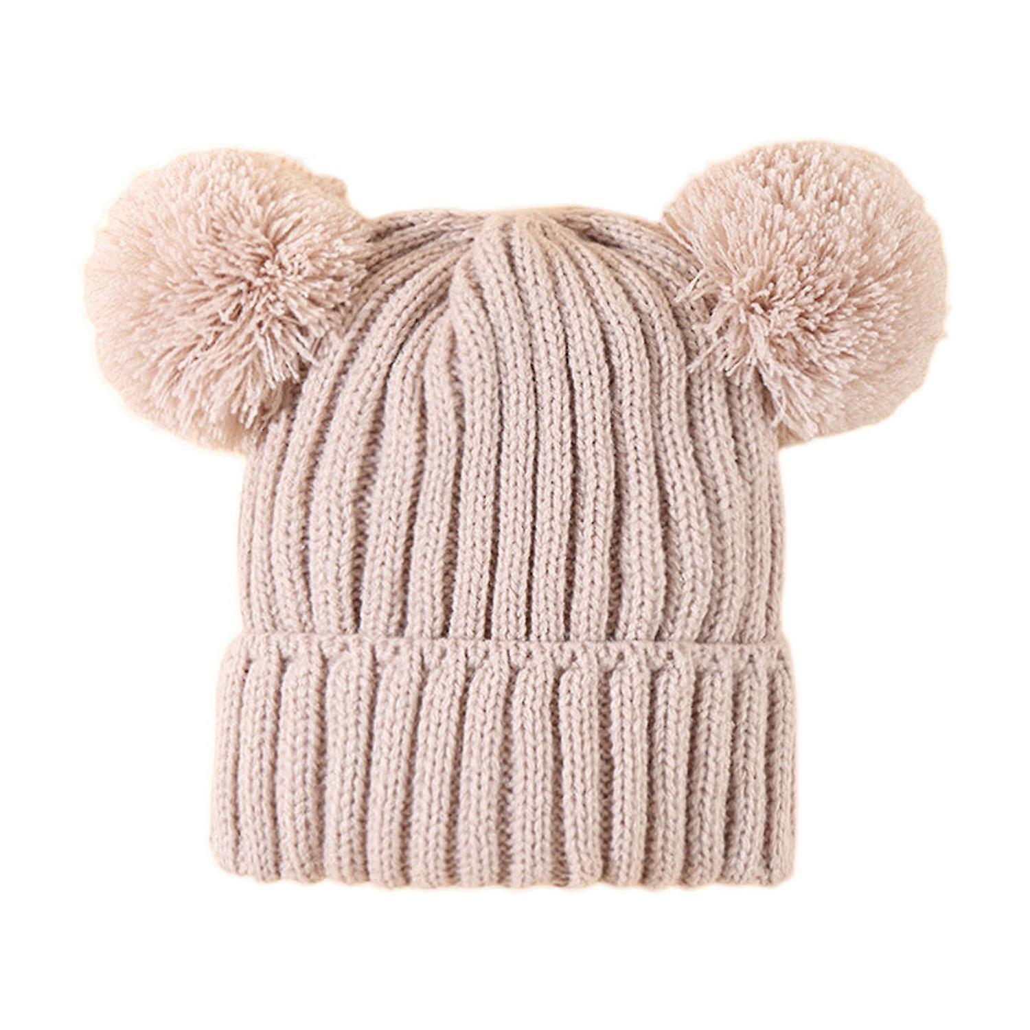 Winter Solid Color Baby Crochet Beanie Hat Double Fluffy Balls Decor Children Knitting Hat Elastic H