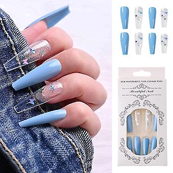 24 Stück langer Druck auf Nägel Blau & Schmetterling Falsche Nägel mit Kleber Künstliche falsche Nägel mit Designs für Frauen und Mädchen
