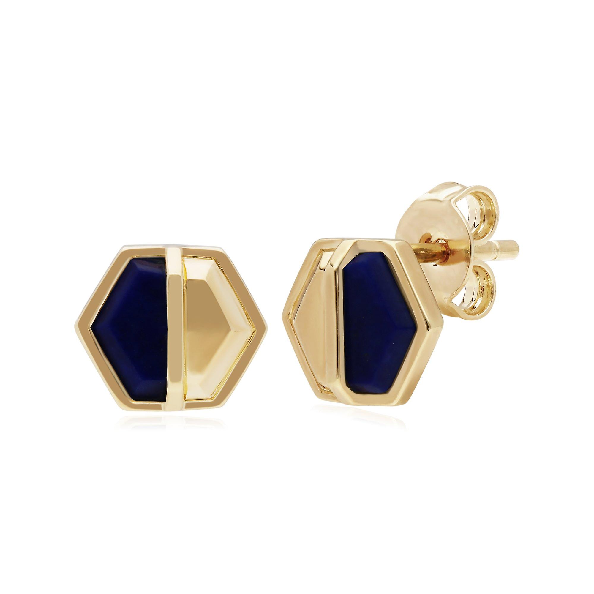Micro Statement Lapis Lazuli Hexagon Stud Earrings in Gold Plated 925 Sterling Silver 270E027502925