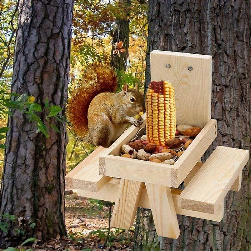 Wooden Squirrel Feeder Table, Fun Picnic Bench Style Feeding Station With Corn Cob Holder, Perfect For Outdoors, Wall & Tree Mount, Pine Wood Feeder F