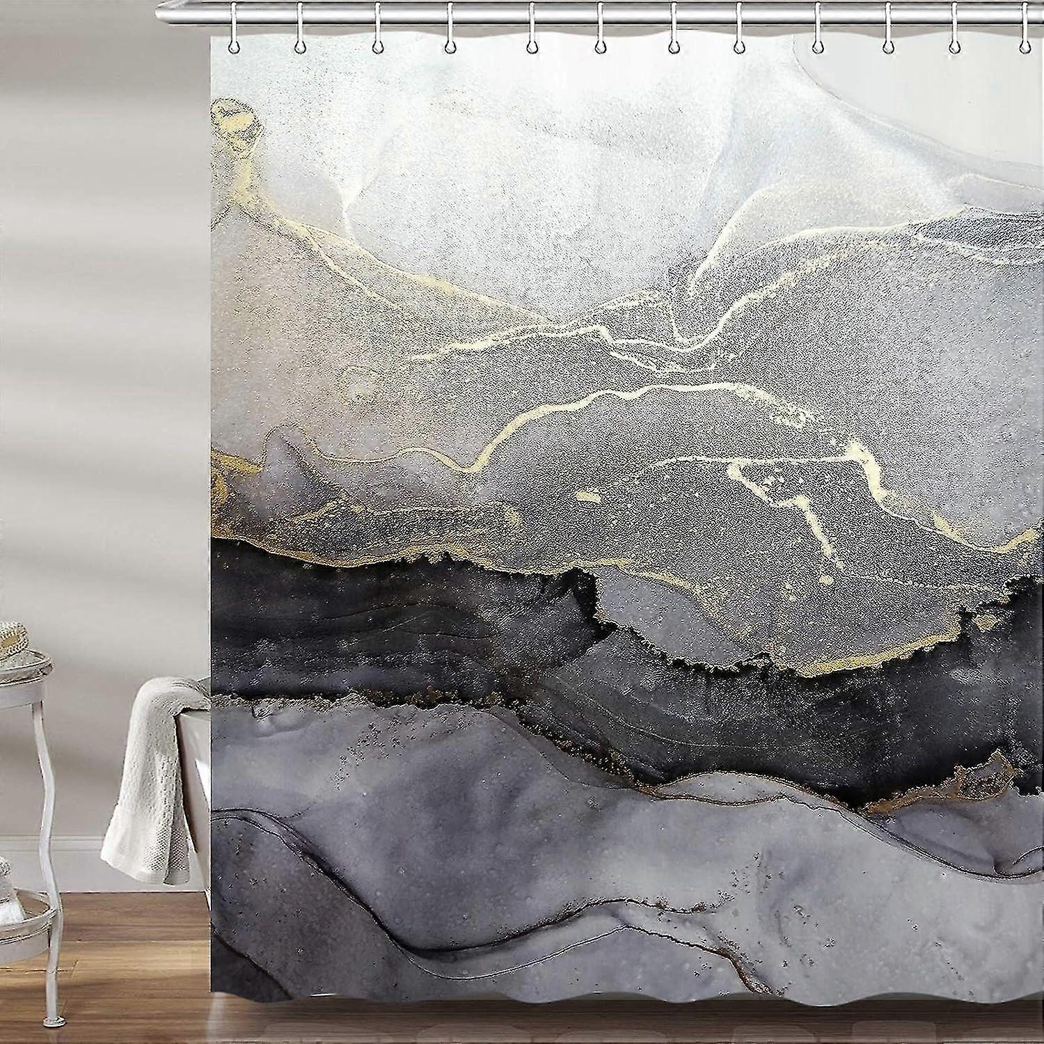 Marble shower curtain for bathroom, abstract modern black and gold fabric shower curtain set, cool rest
