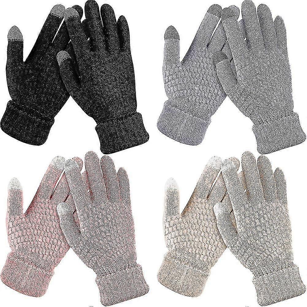 4 Pairs Women's Winter Touch Screen Gloves Warm Fleece Lined Knit Gloves Elastic