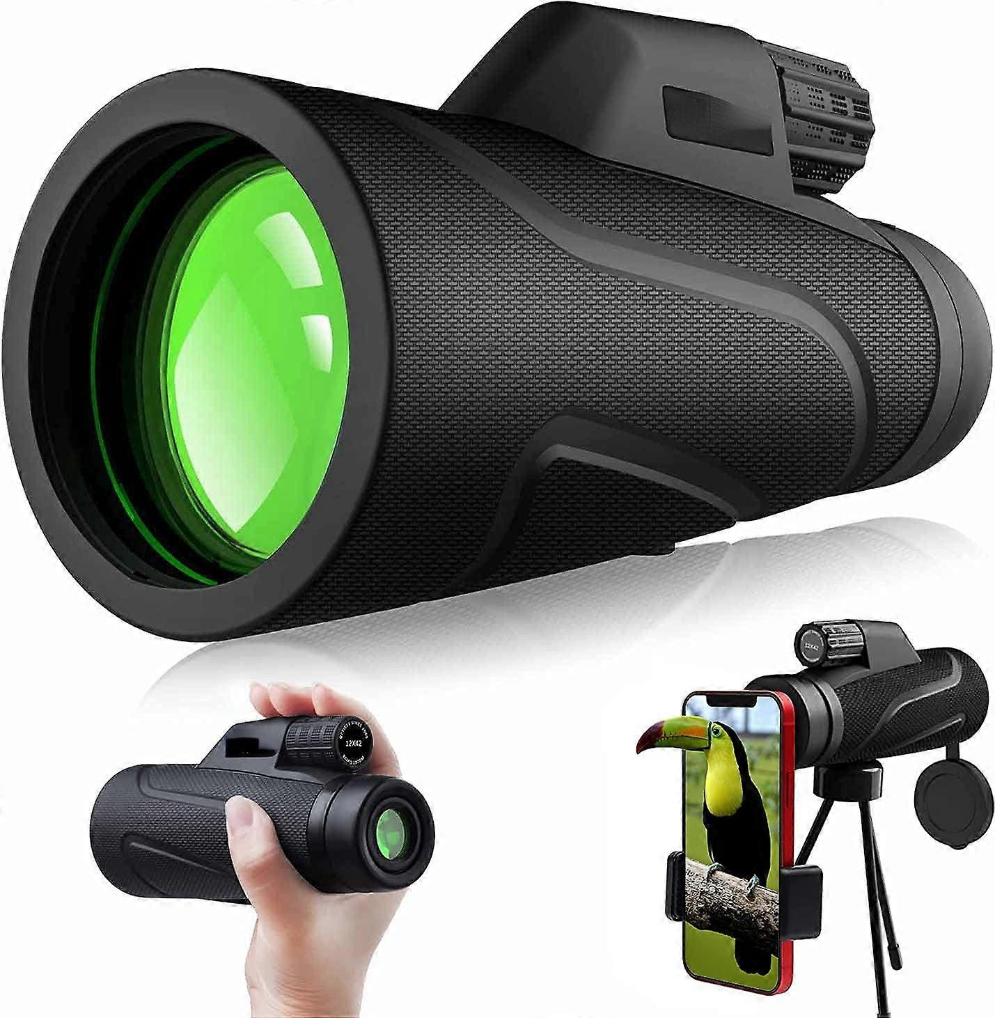 Upgraded 12x42 Monocular Telescope for Adults, Waterproof HD High Power Bak4 Prism Monocular with Smartphone Holder & Tripod for Bird watching Hunting