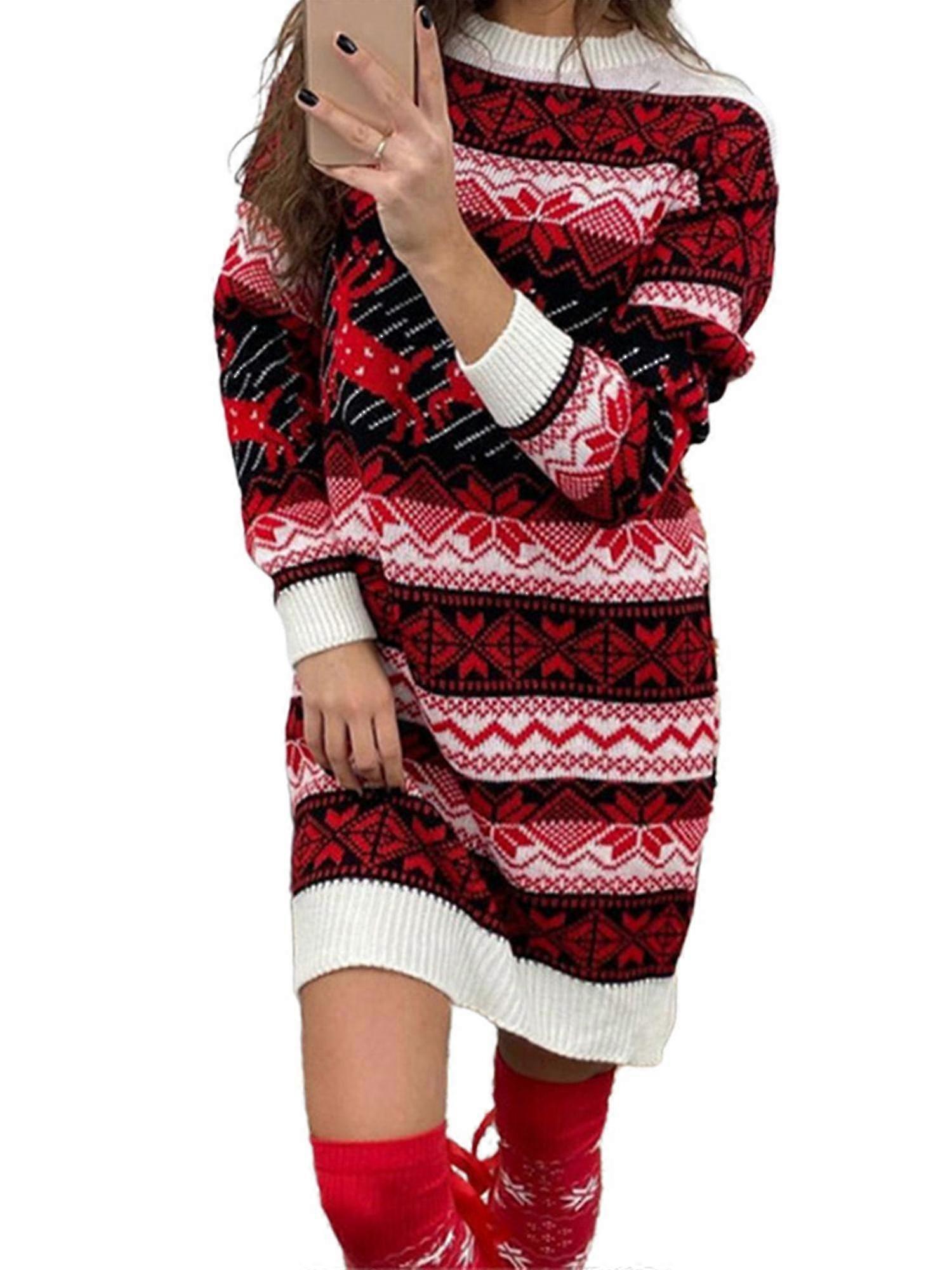 Vrouwen Kerst Trui Jurk Winter Elk Print O Hals Gebreide Lange