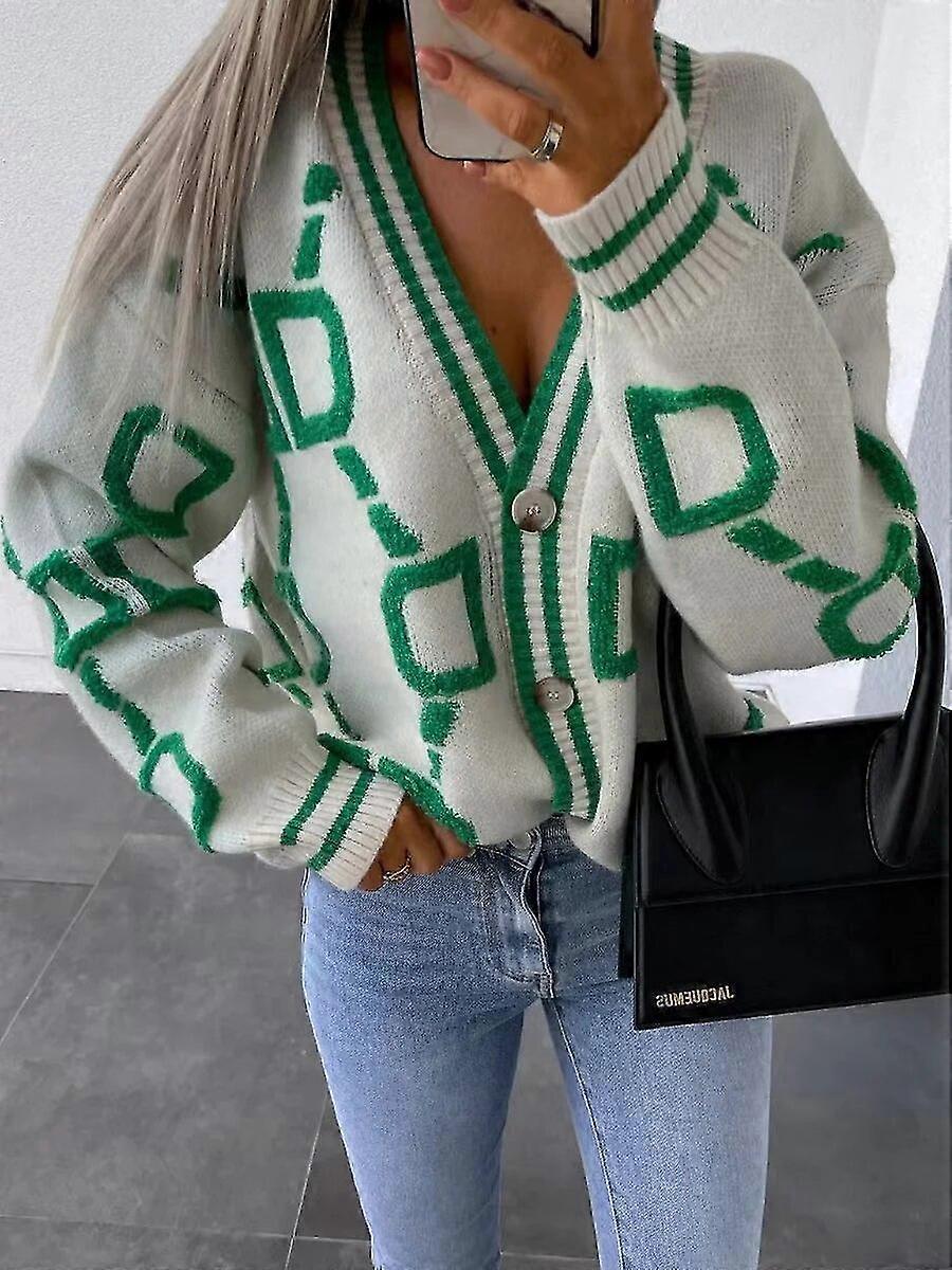 2023 Herbst Winter Strickjacke Mode Frauen Langarm Lockerer V-Ausschnitt Pullover Dick warm Frau Grün Lässig Print Strickjacke