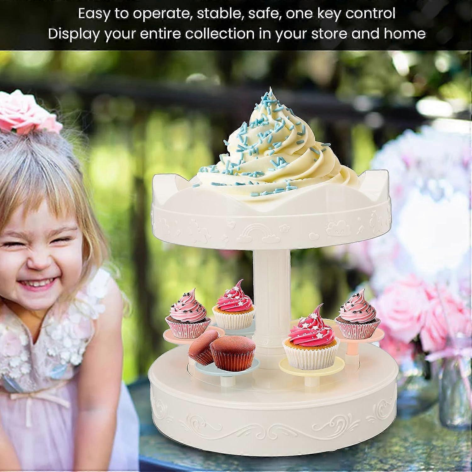 Cupcake Stand, 8.7in Automatic 360 Rotating Double Layer Cupcake Holder, 6 Trays One Button Control Round Dessert Stand for Party Wedding Birthday Bab