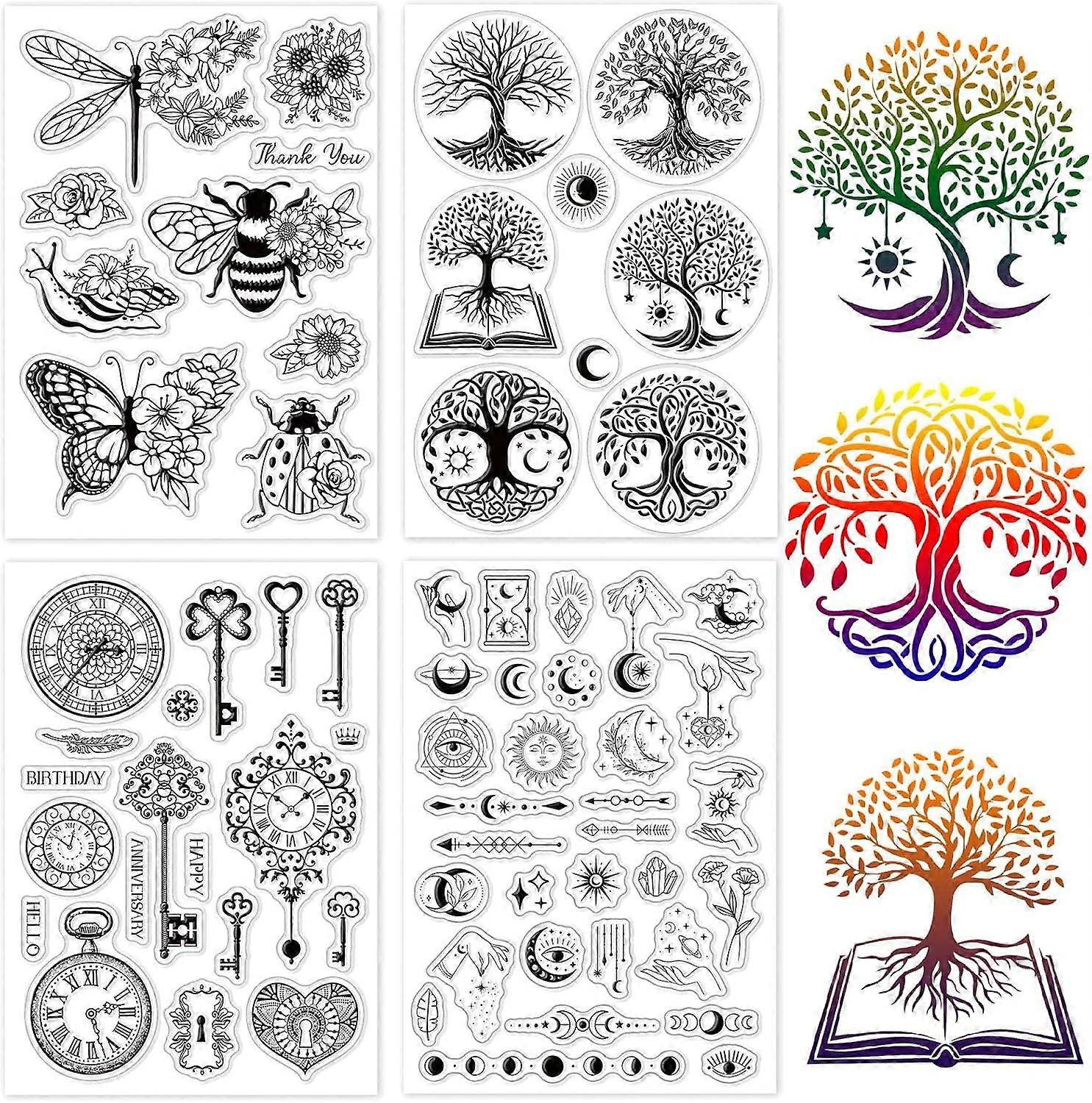 4 Style Tarot Tree of Life Butterfly Clear Rubber Stamp Retro Transparent Silicone Seals Stamp for Journaling Card Making DIY Scrapbooking Handmade Ph