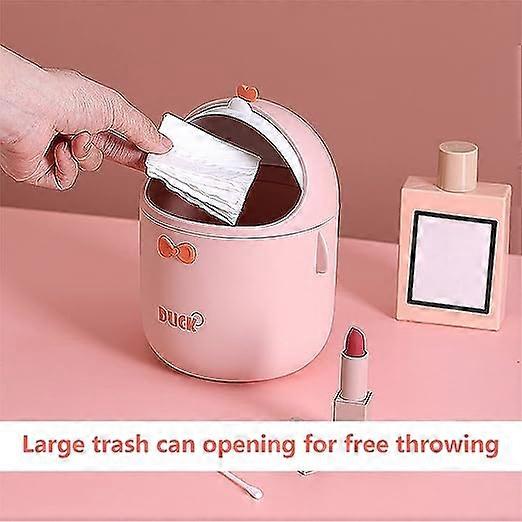 (Pink)Mini Desktop Trash Can With Lid, Portable Cute Cartoon Style