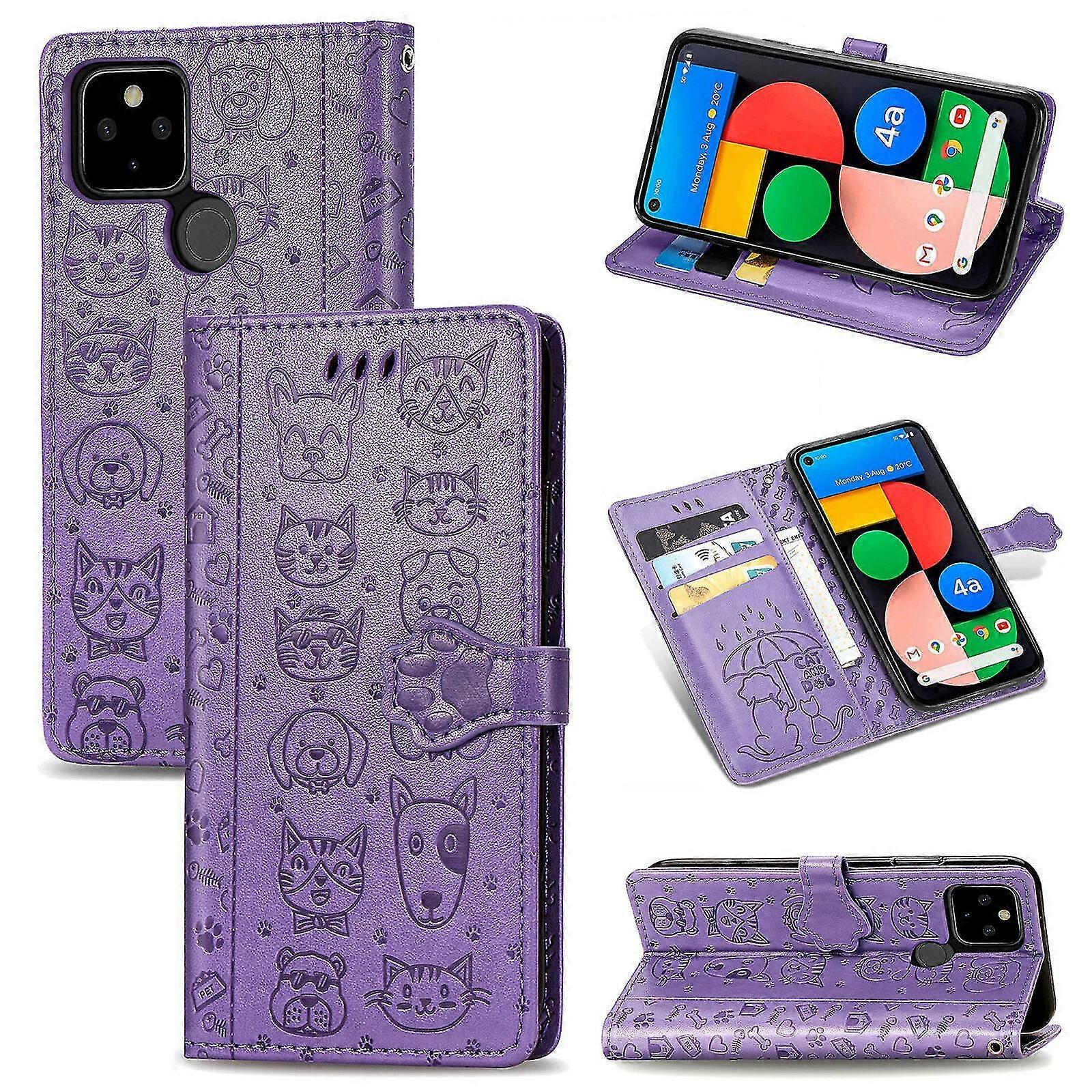 حافظة لجوجل بيكسل 4 أ 5 جرام فليب محفظة غطاء منقوش Etui Housse Cat Dog Pattern - بنفسجي SZJG240313