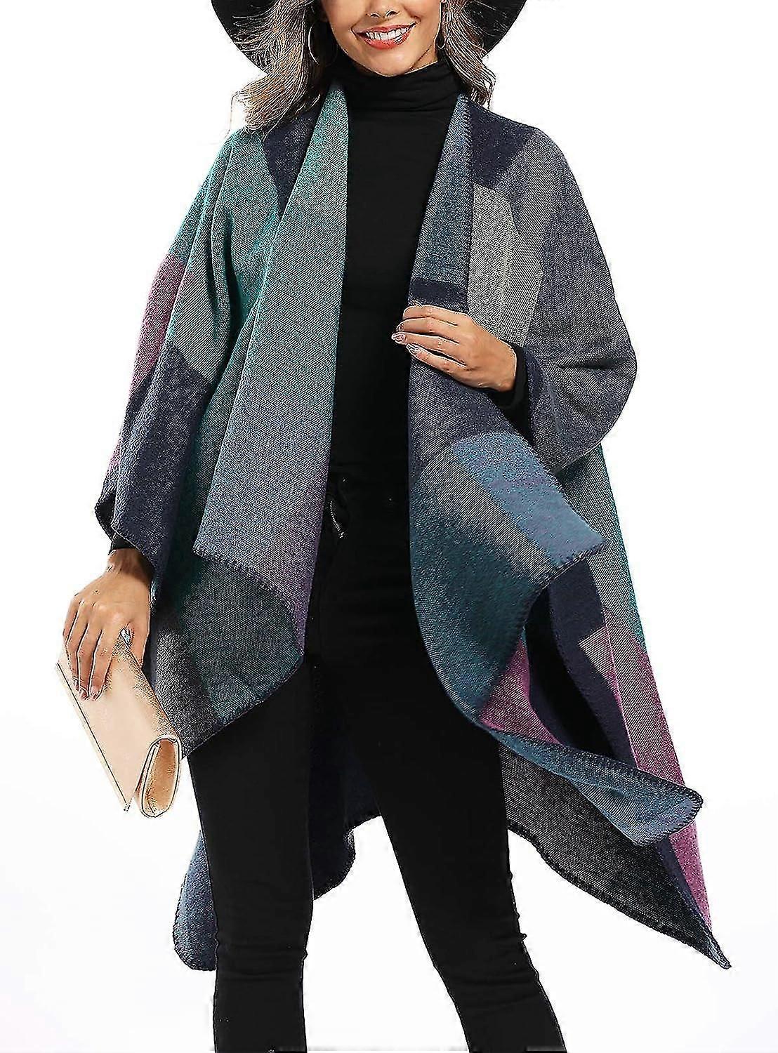 Women's Color Block Shawl Wrap Plus Size Cardigan Poncho CapeFront Long Winter Sweater Coat