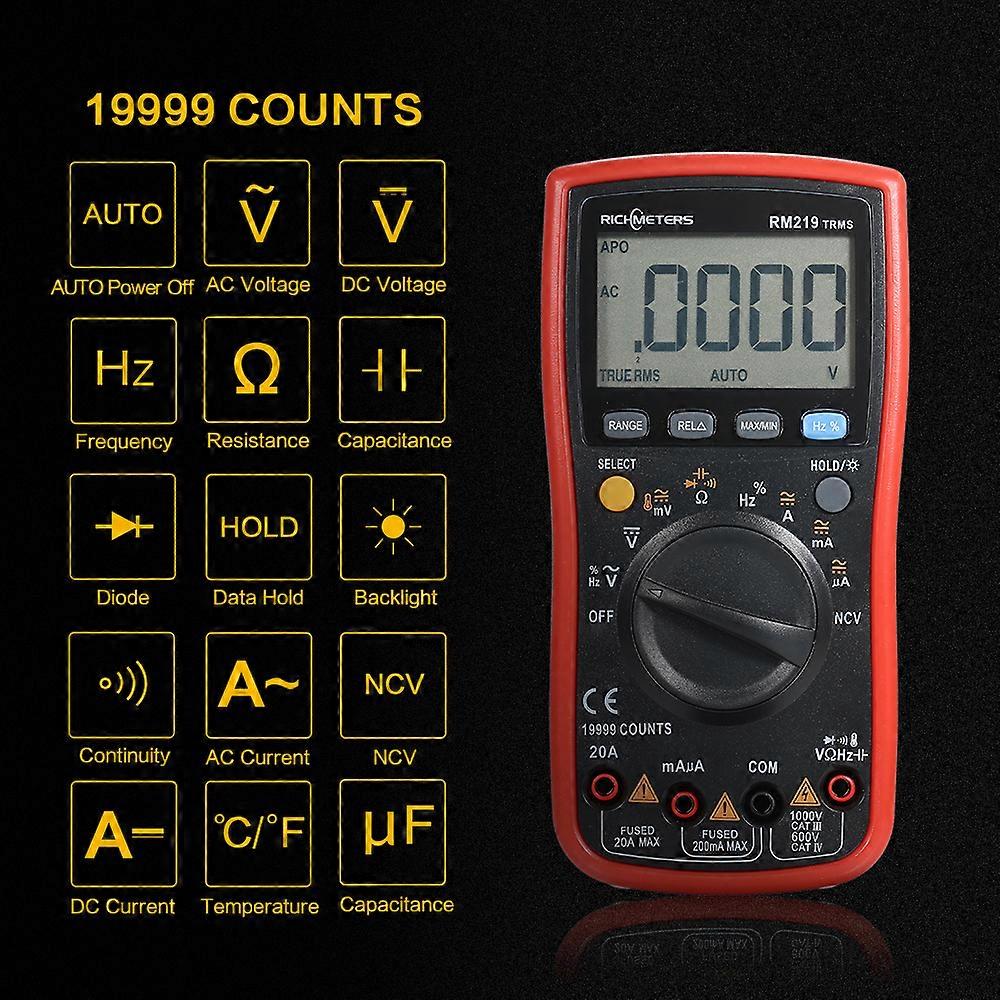 RM219 True-RMS 19999 Counts Auto Range Digital Multimeter NCV Frequency Auto Power off AC DC Voltage Ammeter Current Ohm Transistor Tester