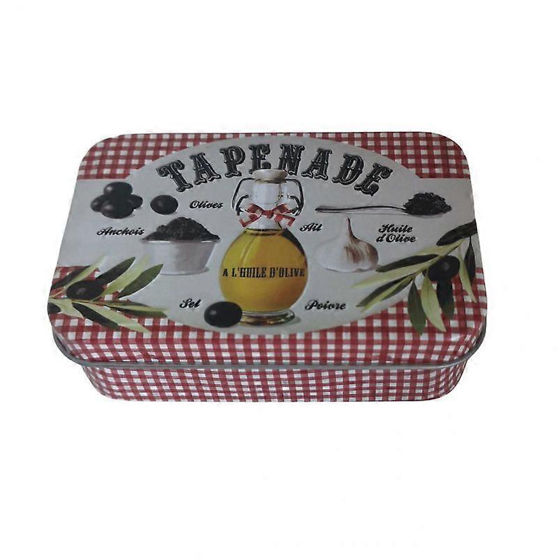 Metal soap can with tapenade print