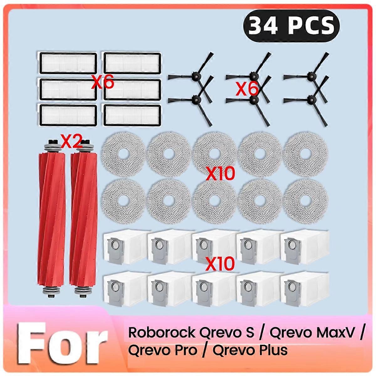 34pcs Main Side Brush Filters Mop Dust Bags for Qrevo A