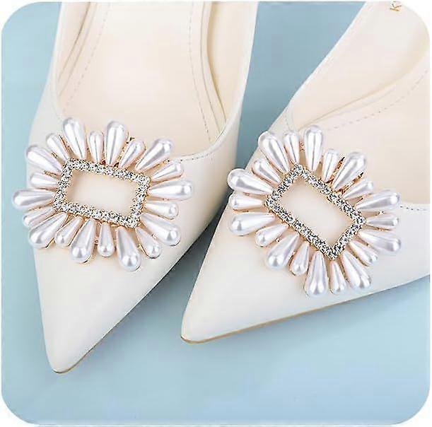 (Style 1)1 Pair Square Pearls Shoe Clips Removable Gold Rhinestones Charms Shoe Buckles Bridal Wedding Detachable Crystal Shoe Accessories for Women