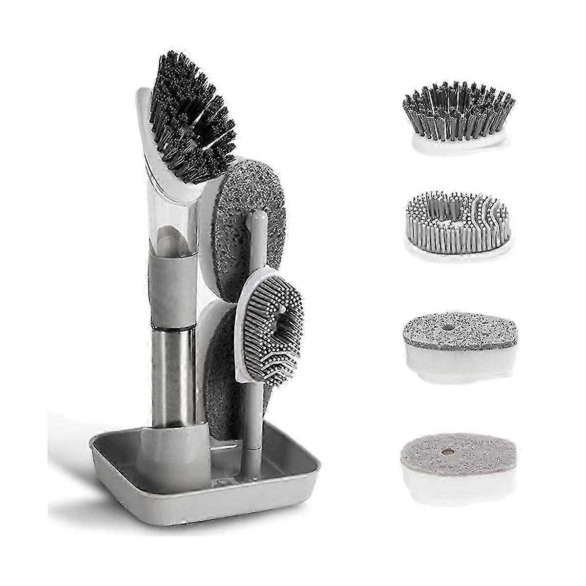 Dish Cleaning Brush Set with Soap Dispensing & 4 Replacement Heads and Storage Holder