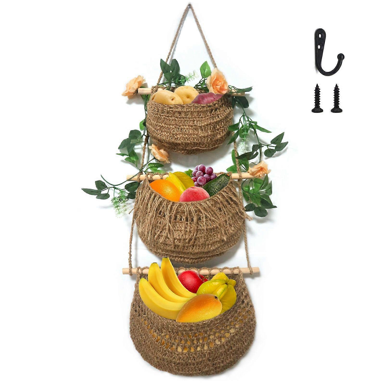Handmade Bohemian Hanging Fruit Baskets for Kitchen 3-Tier Set
