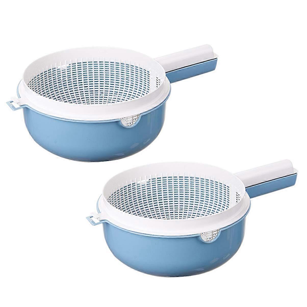 Pot Strainer 2-Piece Colander With Handle, Double-Layer Drain Basket, Fruit And Veg Washing Strainer, Blue Colander