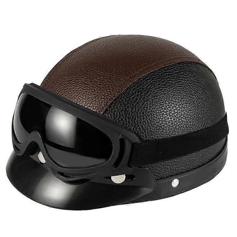 NEW Upgraded Version Retro Vintage Style Motorcycle Scooter Open Half-face Leather Helmet with Anti-UV Goggles - 54-60cm