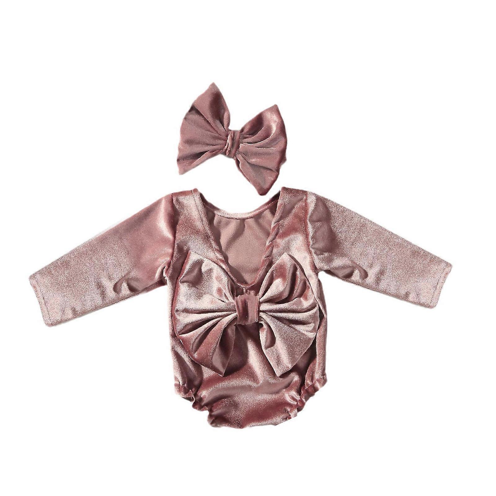 Adorable Newborns Triangular Snap Up Romper Bowknot Headband Long Sleeve Back Bow Tie Detail Jumpsuit with Hairband