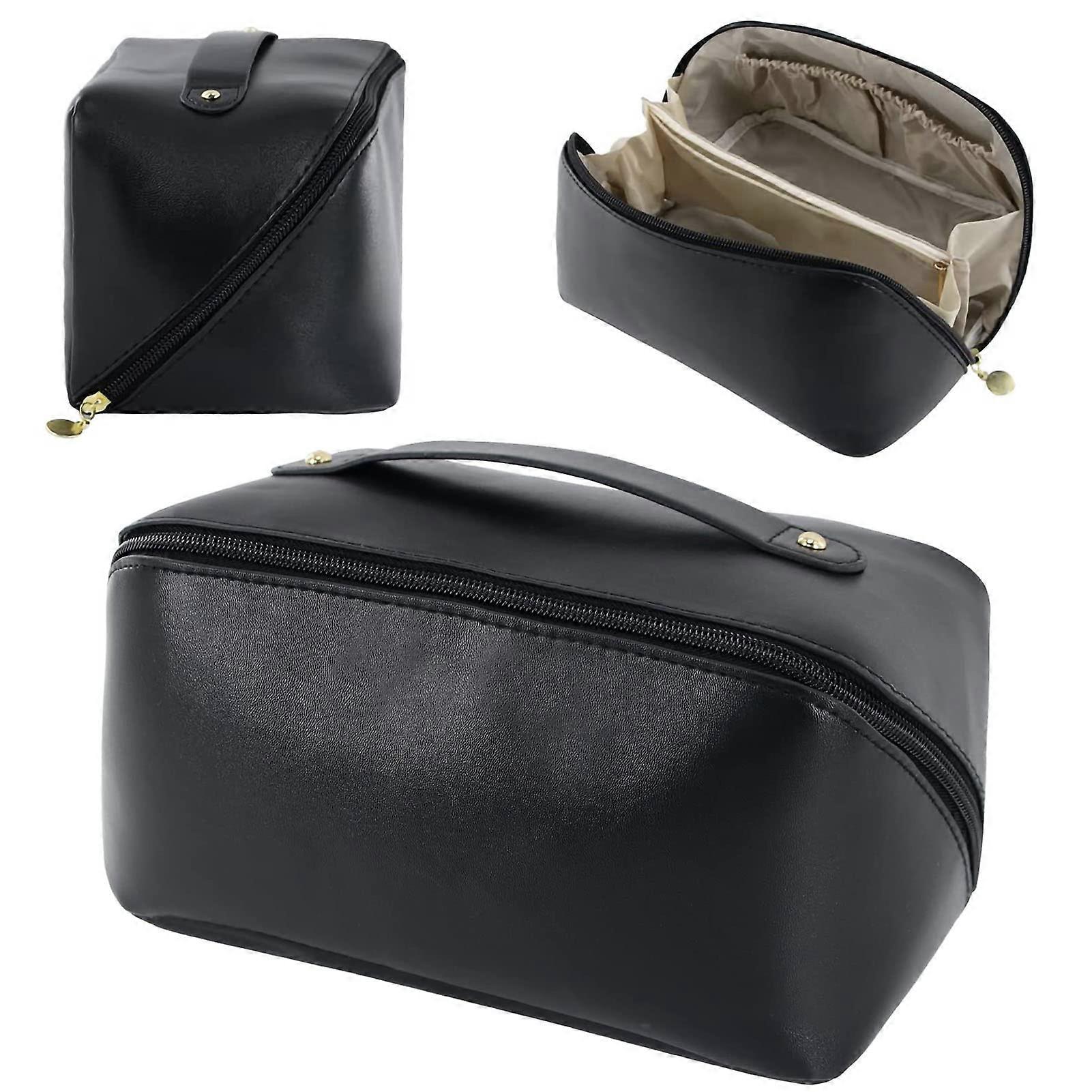 Large Capacity Travel Cosmetic Bags for Women - Waterproof PU Leather Makeup Organizer with Handle and Dividers in Black