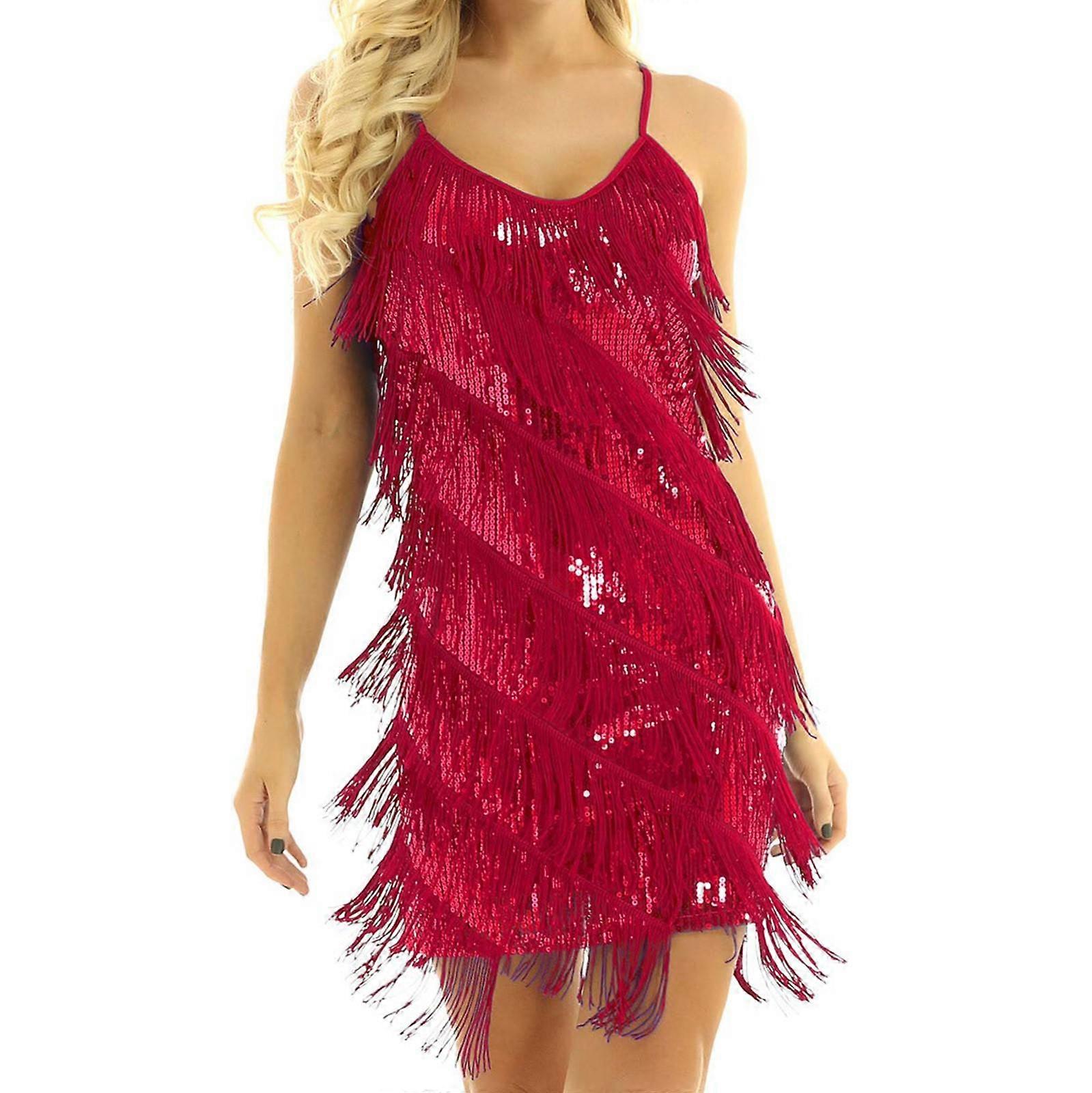 (Qunide) Women's Solid Color Sleeveless Sequins Concert Halter Tassel Style Dress Dress