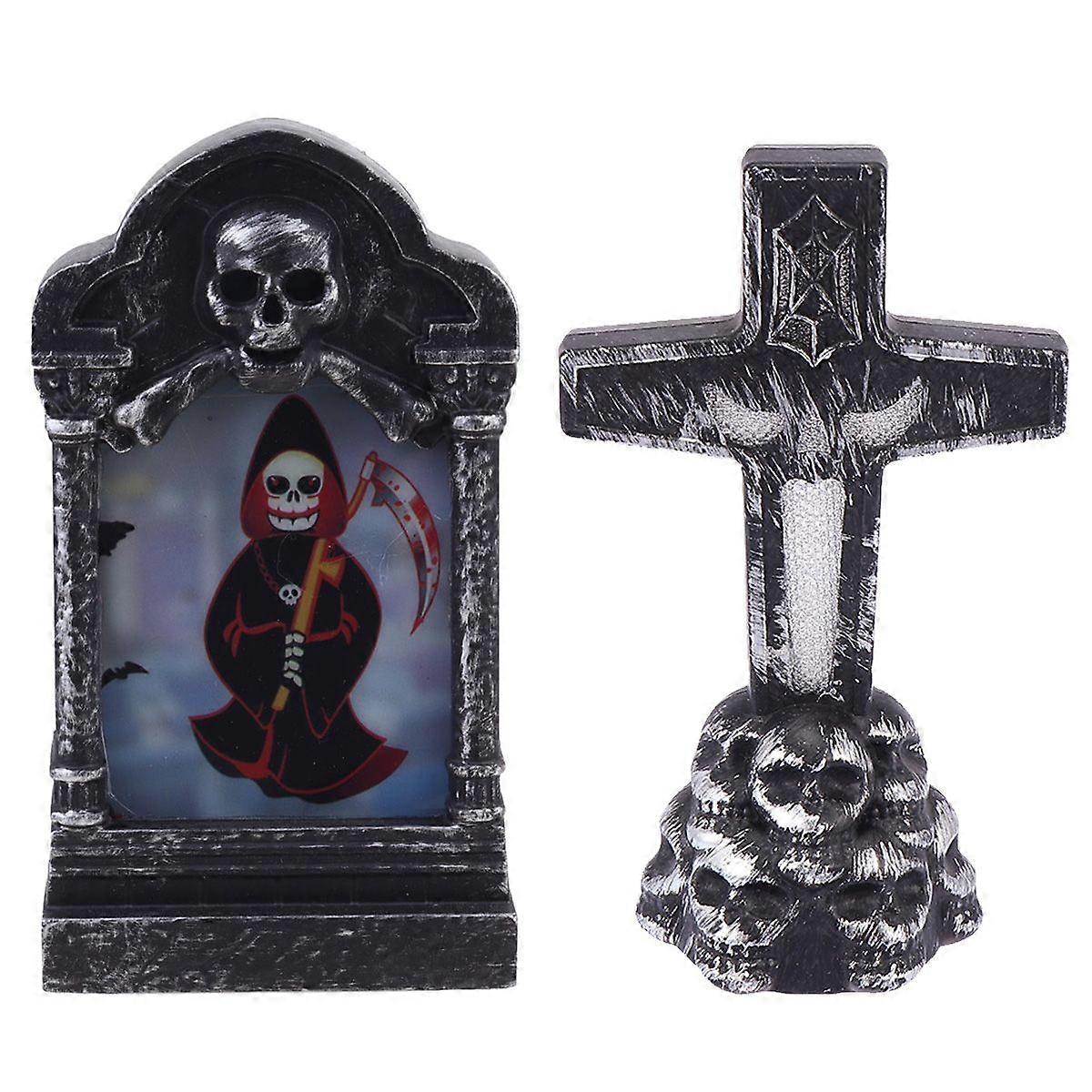 2pcs Halloween Tombstone Lights LED Horror Lamp Festival Decorative Lamp for Party Home Haunted House (Witch+Cross)