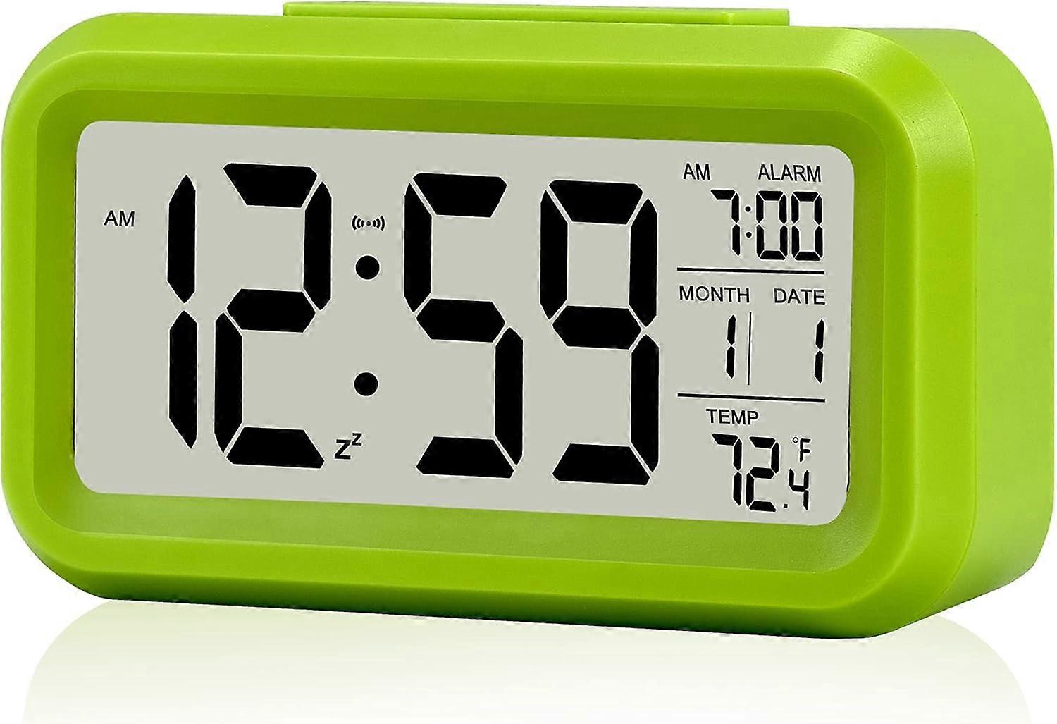 Digital Alarm Clock,Battery Operated Small Desk Clocks,with Date,Indoor Temperature  - Green