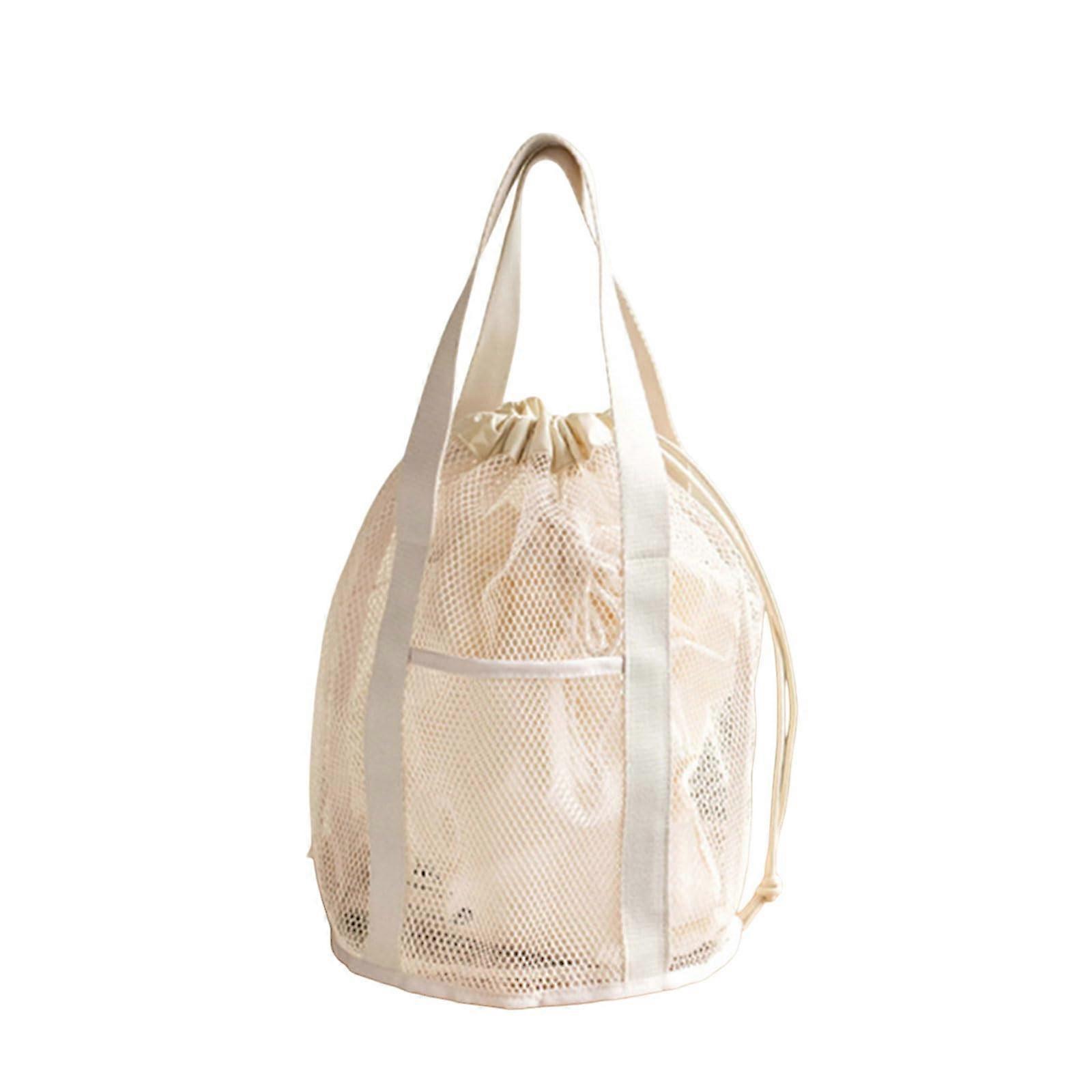 Drawstring Mesh Bag Foldable Beach Toy Bag with 2 Pockets for Women, Travel Cosmetic Handbag, Cream-Coloured Pool Bag