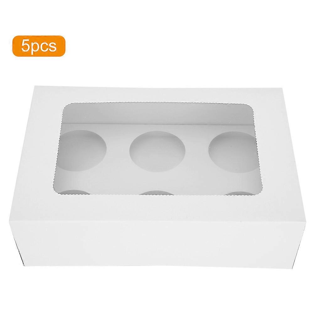 Pack of 5 white paper cupcake boxes with PVC window for 6 cupcakes