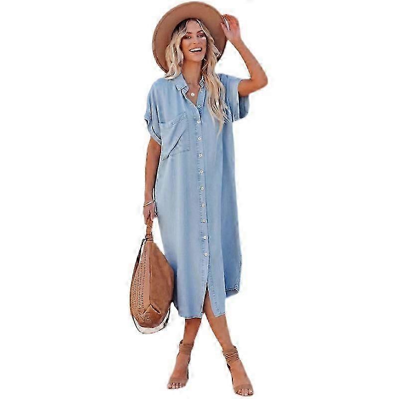 Modna dżinsowa sukienka koszulowa z krótkim rękawem i rozcięciem w jednolitym kolorze