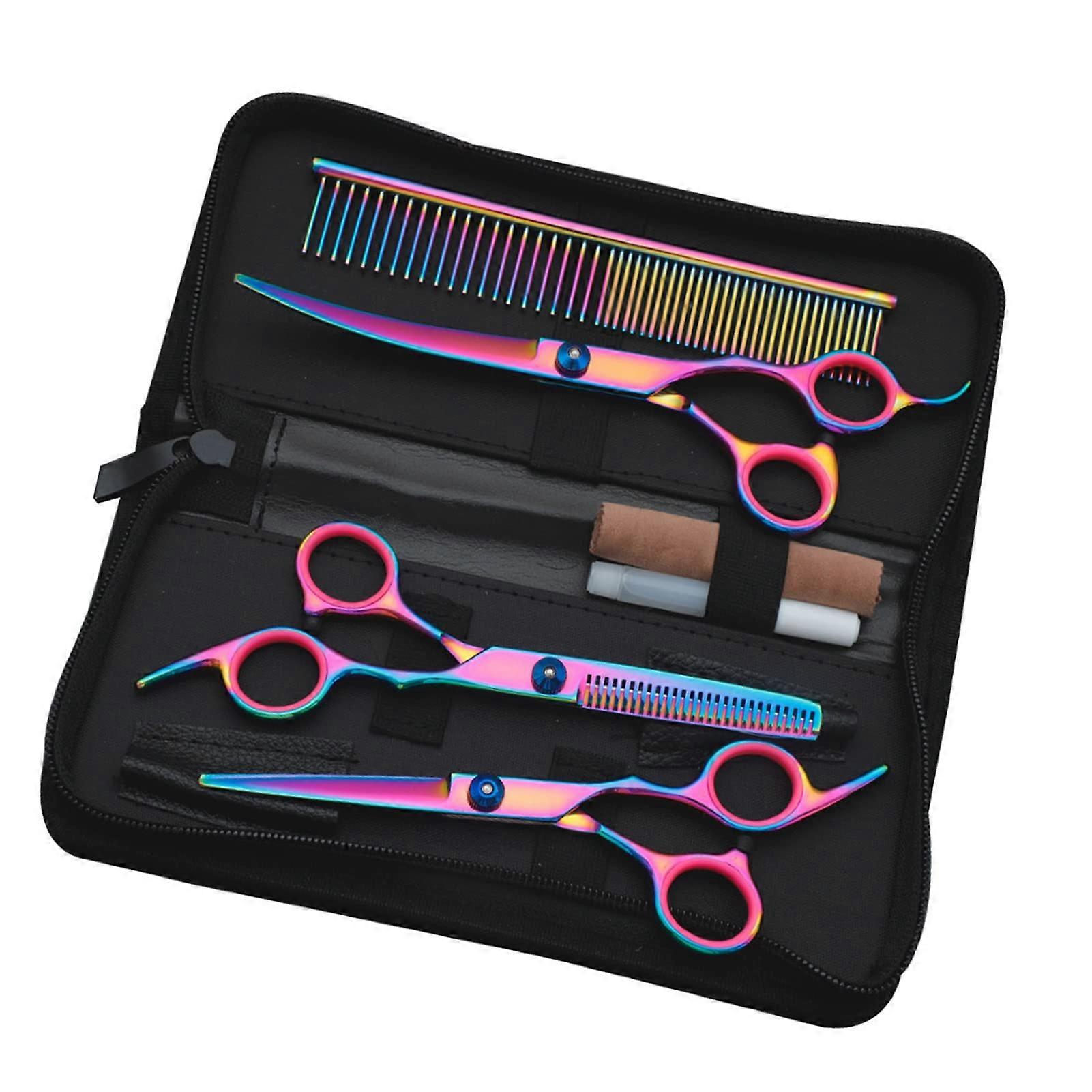Professional Stainless Steel Round Tip Dog Grooming Scissors Set, Colorful 7in1 Pet Scissors Kit