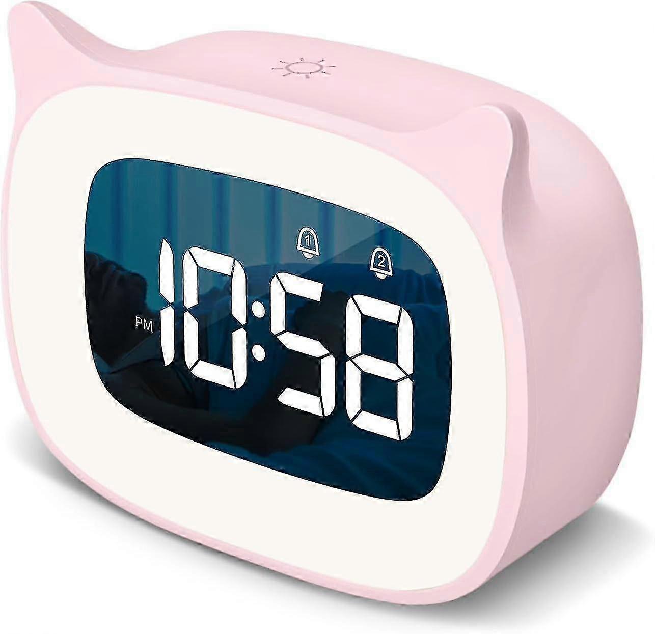 常夜灯と18の着メロ付き子供用目覚まし時計、充電式、男の子の女の子のためのかわいい猫の耳時計、子供の寝室のためのデジタル時計