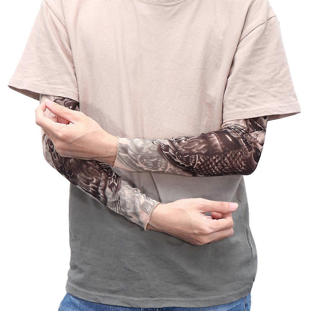 Sunscreen Cooling Arm Sleeve Protector For Outdoor Activities With Tattoo Design 1 Pair