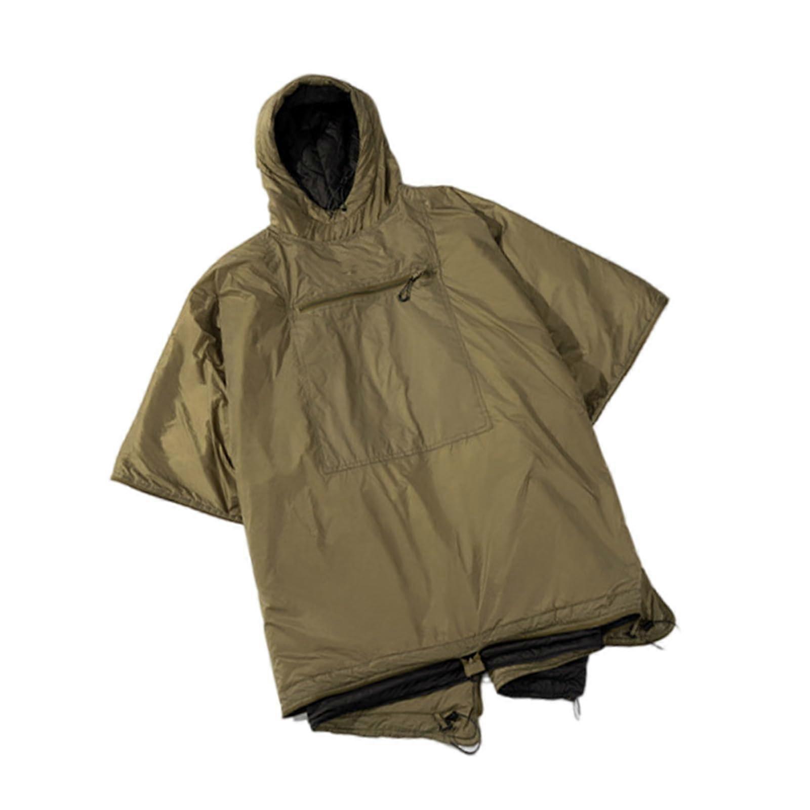 Portable sleeping bag, poncho, stadium blanket, outdoor, thick and large, with hood, poncho, cape, waterproof, camping blanket olive green