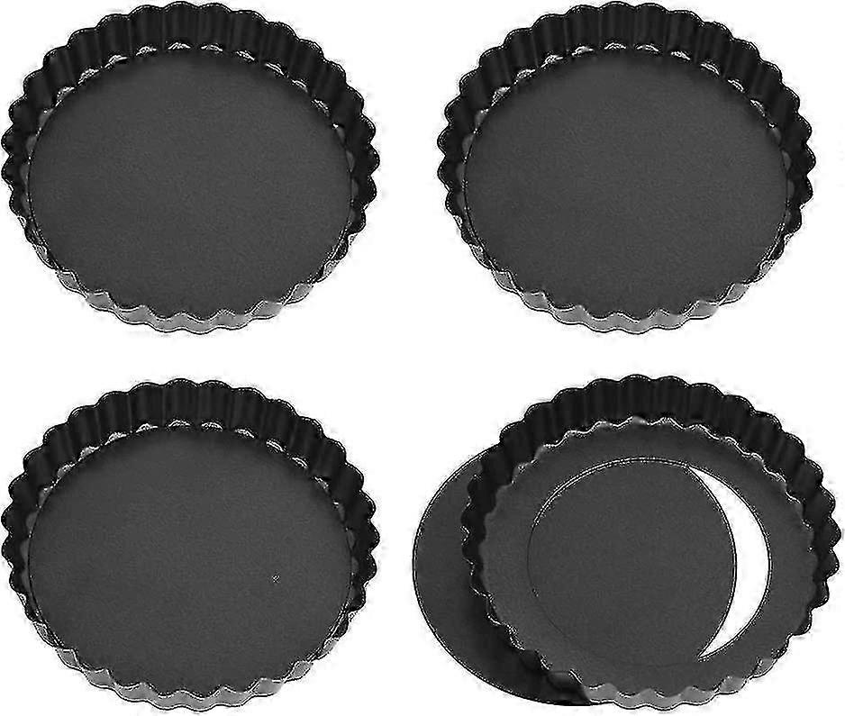 Set of 4 Mini Quiche Moulds with Loose Base, 12cm Non-stick Coating Baking Moulds for Small Tarts and Removable Base (Black) - Premium Quality