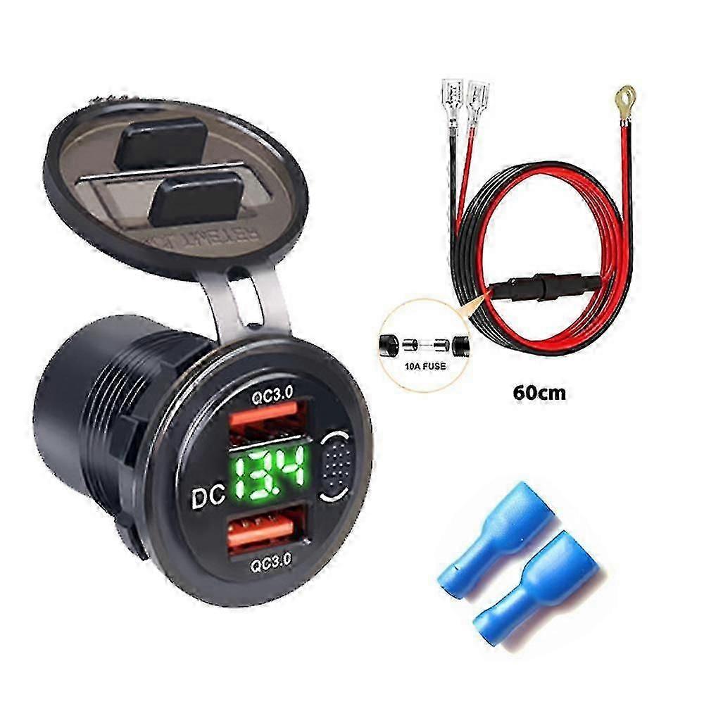 Dual USB QC 3.0 Fast Charge Car Motorcycle Boat Socket Green Light with Switch Voltage Display modified Car Charger for Phone 12-24V Universal