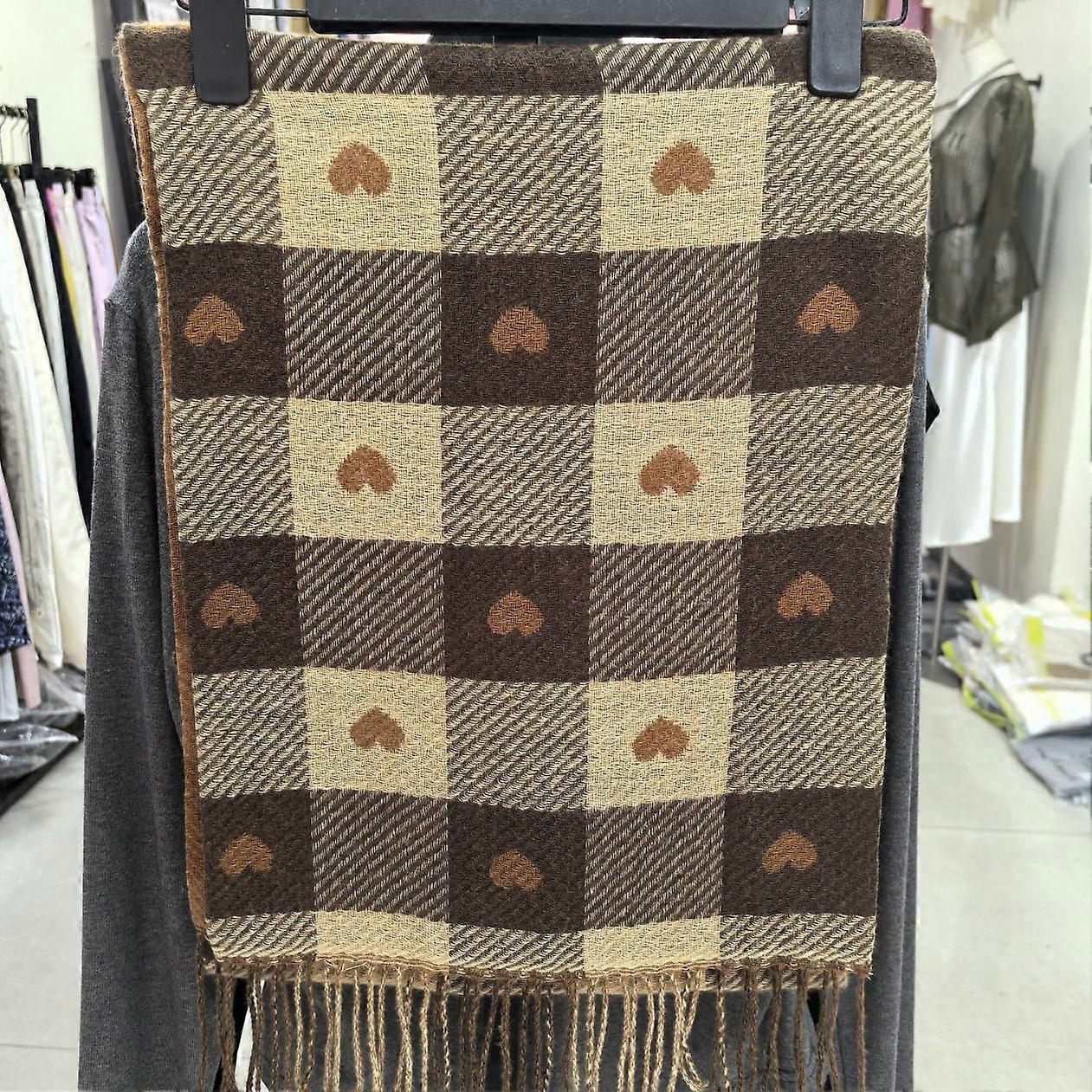 Acrylic Wool-Like Double Sided Heart Plaid Scarf with Fringe Warm Large Shawl