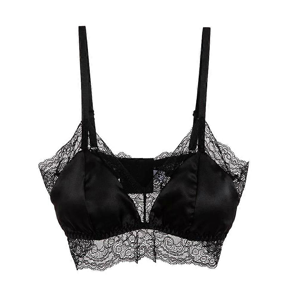 Women Thin Wireless Bra Black Silk Lace with Padding 3Pcs Set