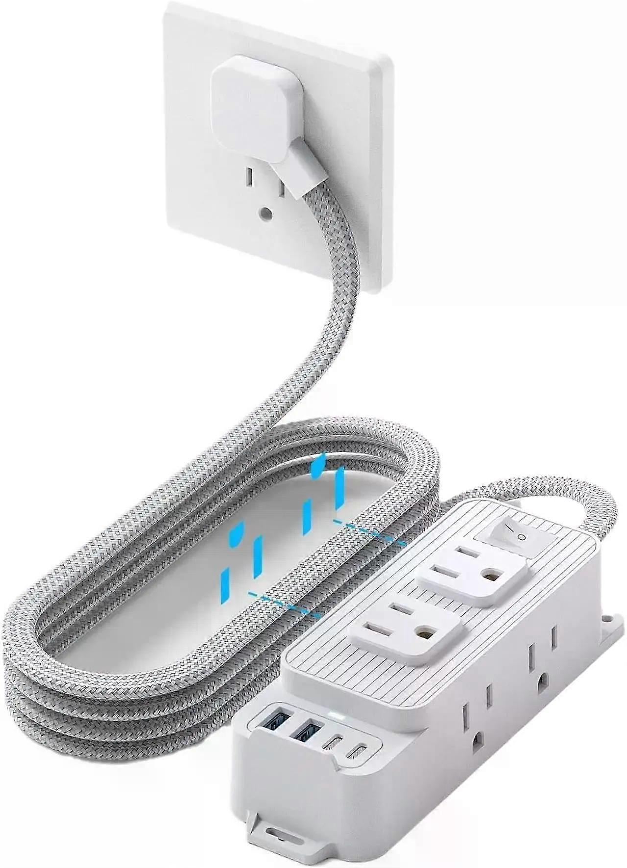 Power Strip Surge Protector - 6 Outlets and 4 USB (2 USB C), 5Ft Braided Cord with Ultra Thin Flat Plug, Wall Mount, 3-Side Outlet Extender, Compact f