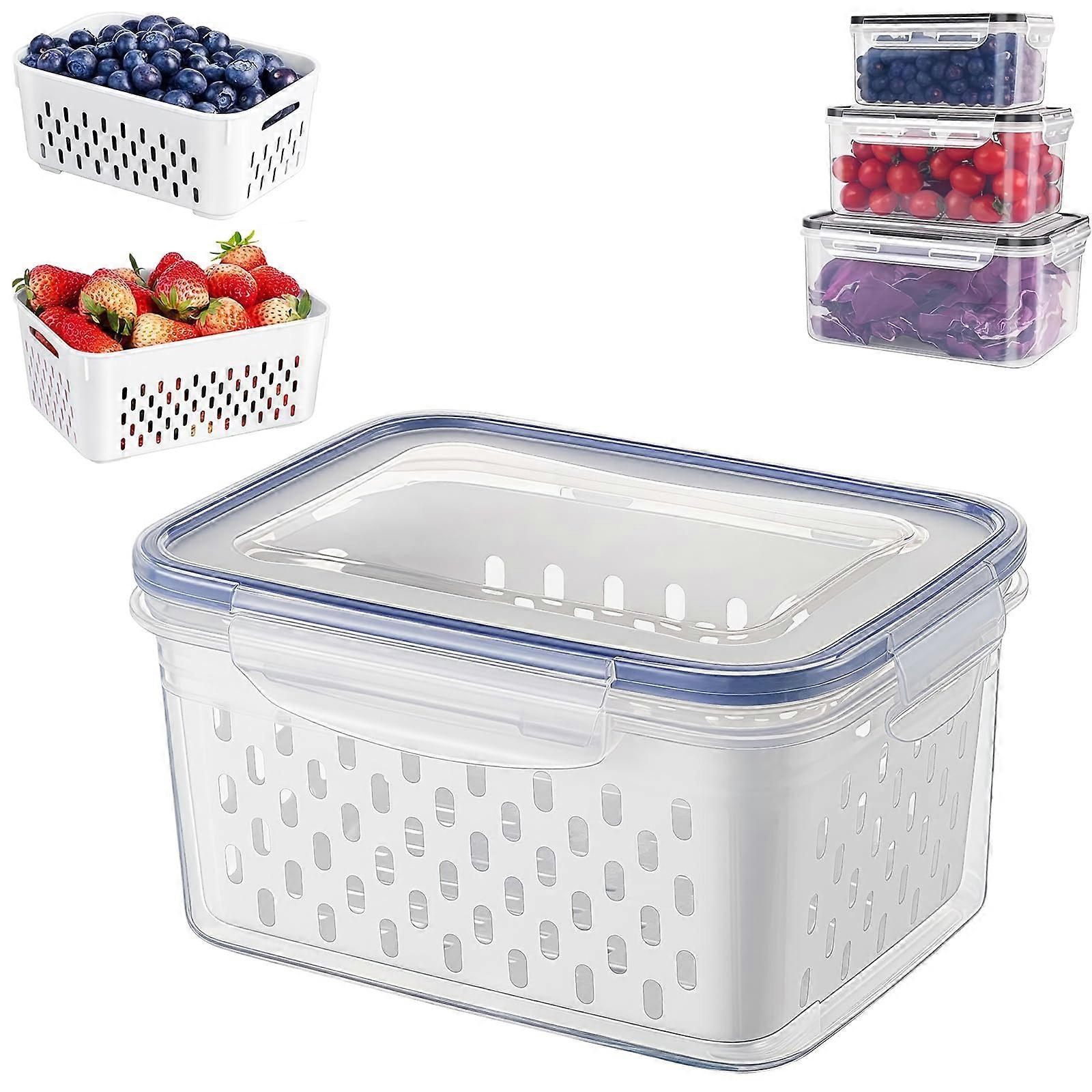 Food Storage Box, Transparent Plastic Container with Drain Basket, Sealable Refrigerator Basin, Portable Blue S