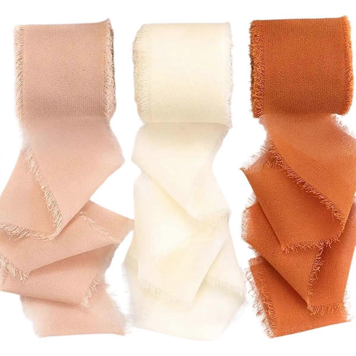 3 Rolls Chiffon Fringe Ribbon 4cm x 6.5m Frayed Edge for Gift Wrapping, Bouquet, Bow Making Orange