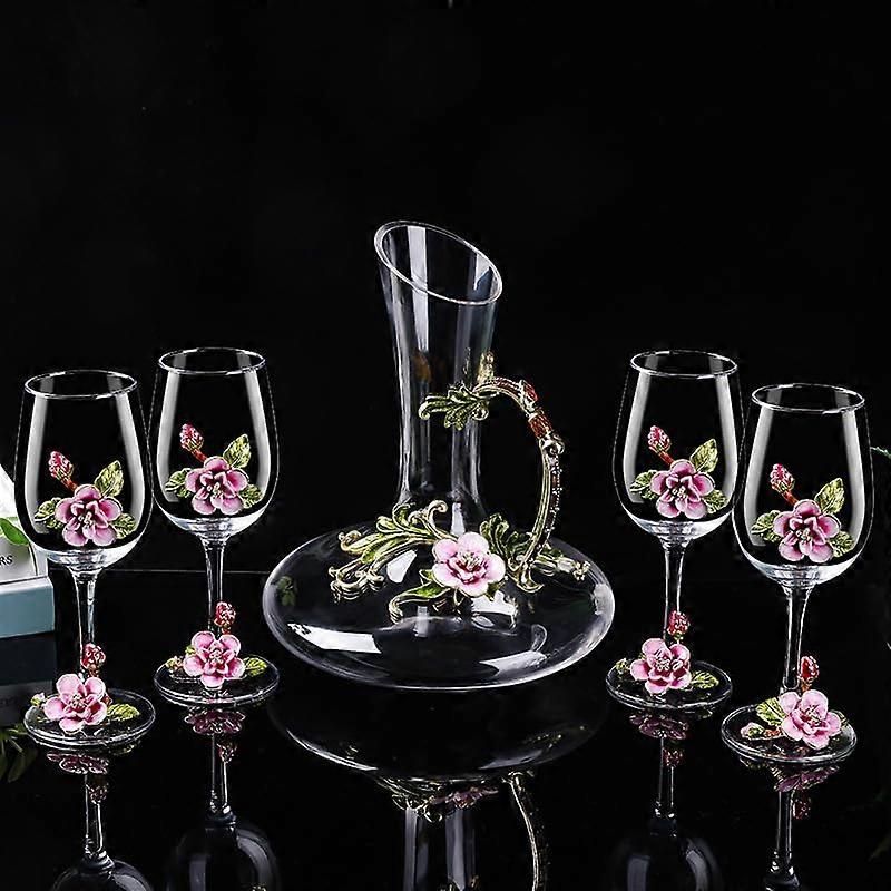 Wine Aerator Decanter Set, UShaped Lead Crystal with Wide Base for Dinner Parties, 1 Decanter + 4 Glasses